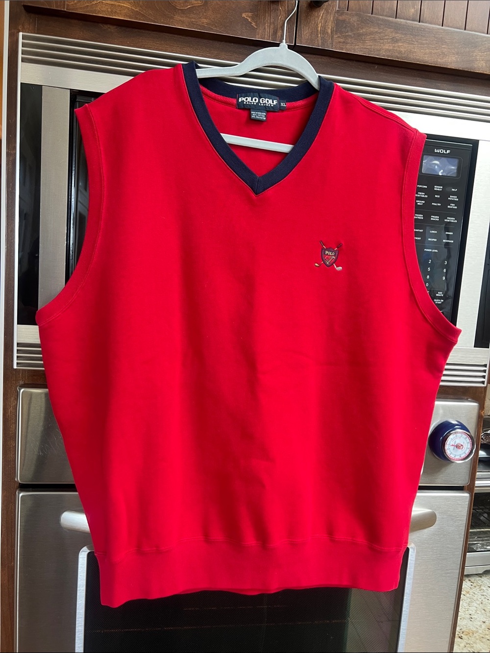 POLO GOLF RALPH LAUREN MENS RED SWEATSHIRT VEST W/ NAVY V-neck 
SIZE XL